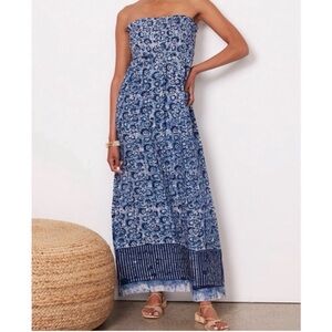 Faherty Linen women Blue Floral Strapless Dress size medium